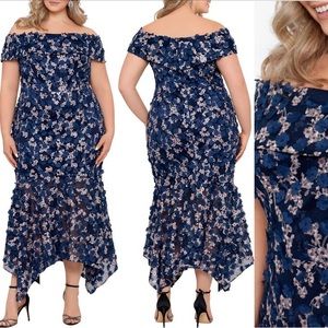 Xscape NWT raised flower off the shoulder handkerchief hem dress.